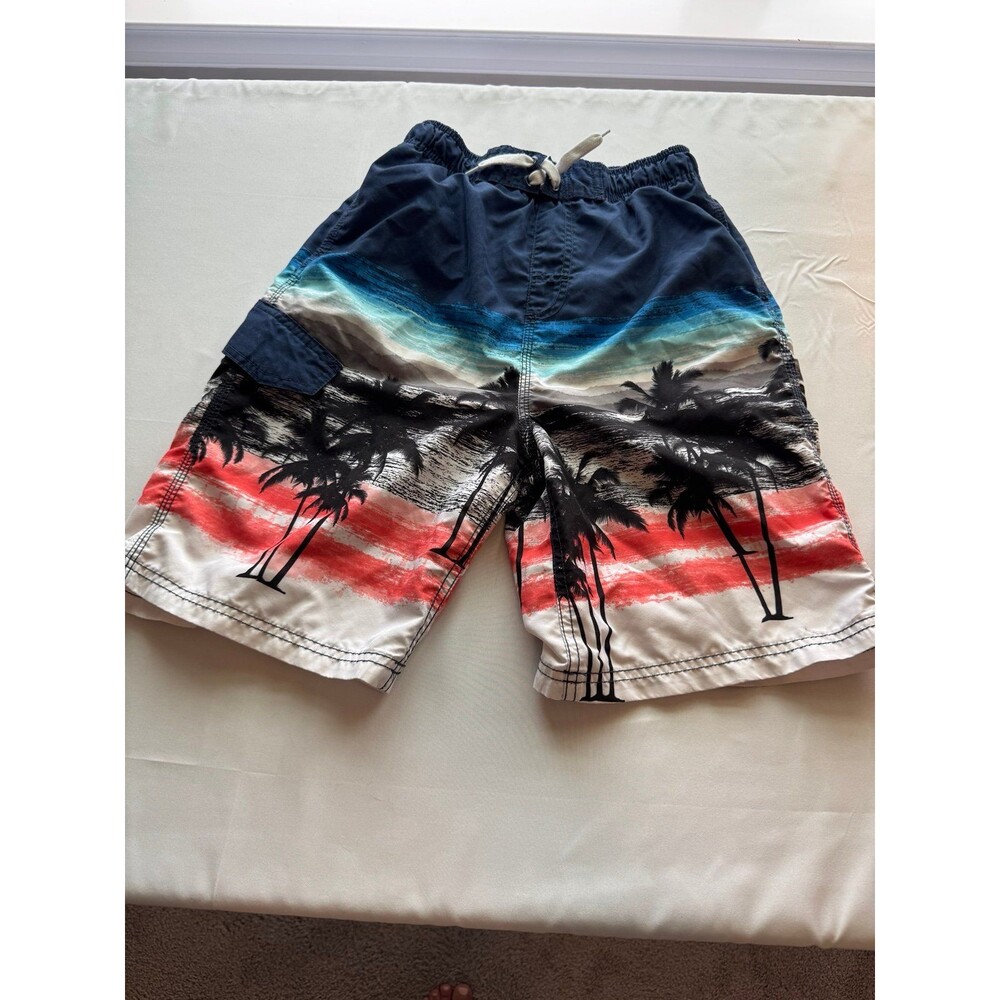 Okanu Brand, Blue & Red Striped Swim Trunks W/Tropical Print, Boy’s (Sz L 14/16) - Picture 3 of 7